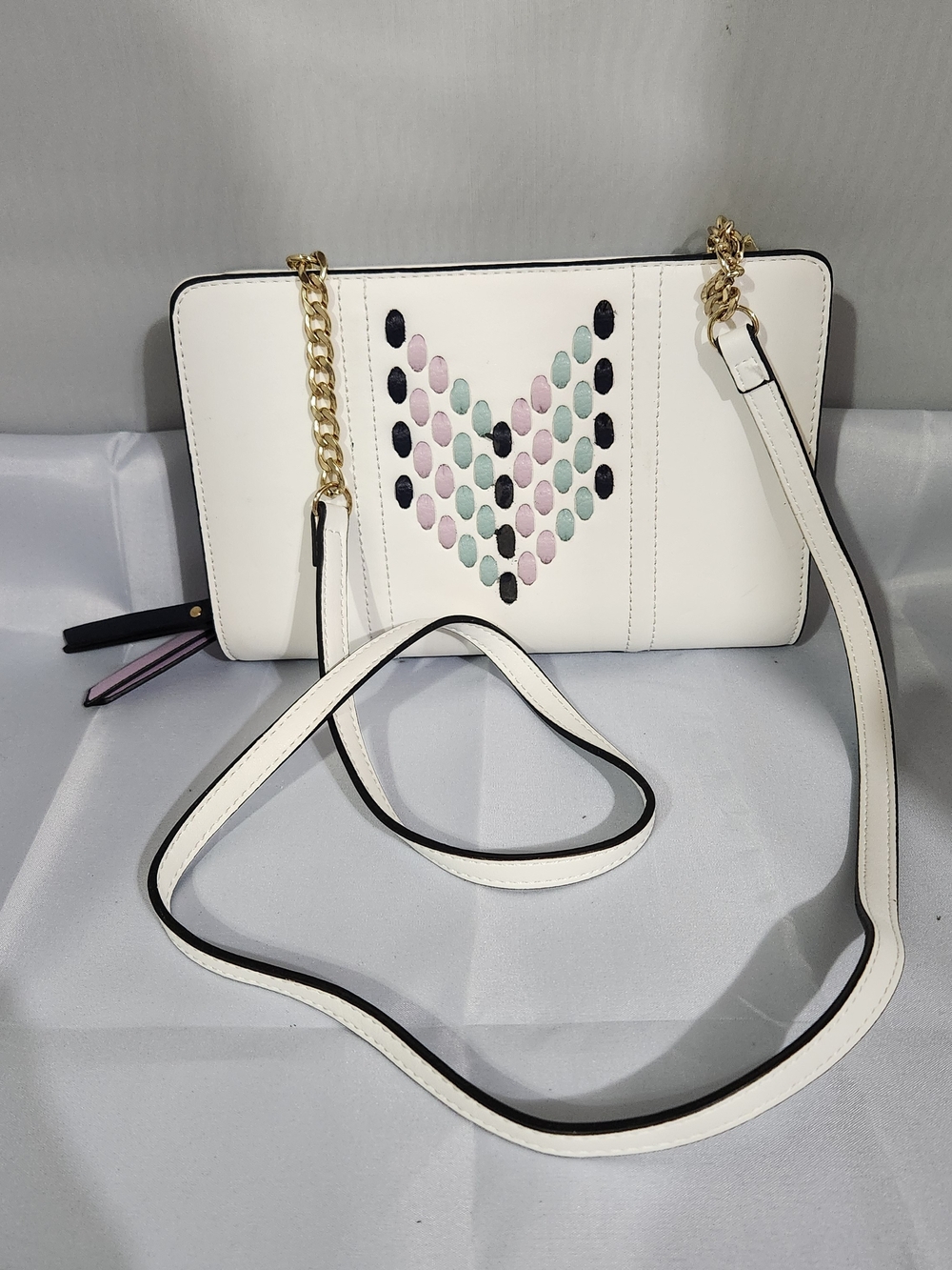 White Crossbody Bag with Pastel Bead Chevron Detail